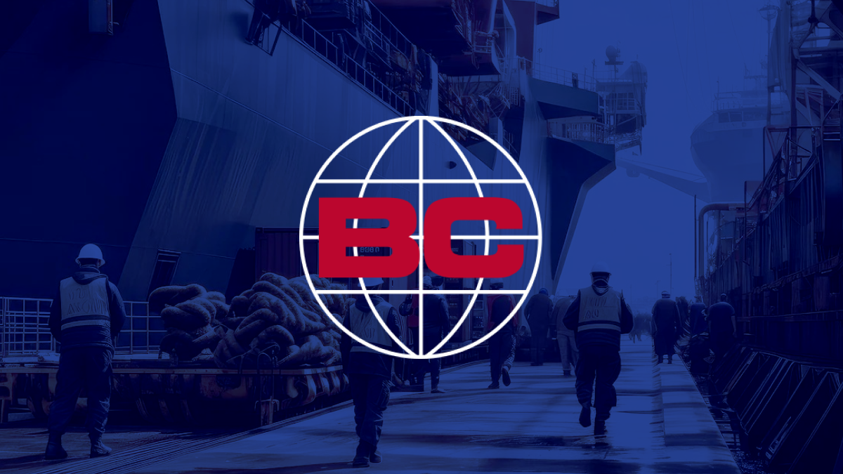 Baltic Control logo overlaid a background image of dock workers working alongside large freighter ships
